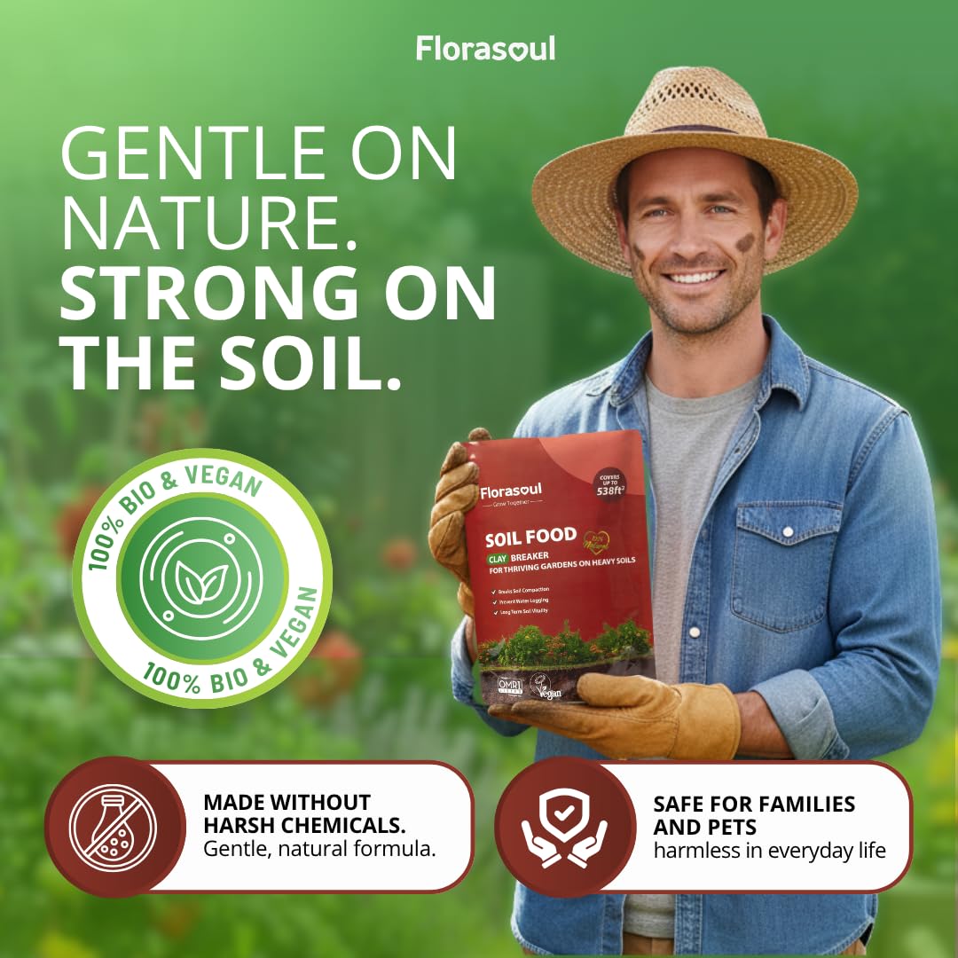 Florasoul Clay Breaker being spread near flower beds improves soil drainage