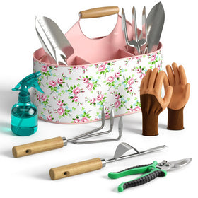Floraxa 9-piece garden tool set with basket display for organized outdoor tasks.