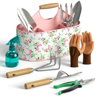 Floraxa 9-piece garden tool set with basket display for organized outdoor tasks.