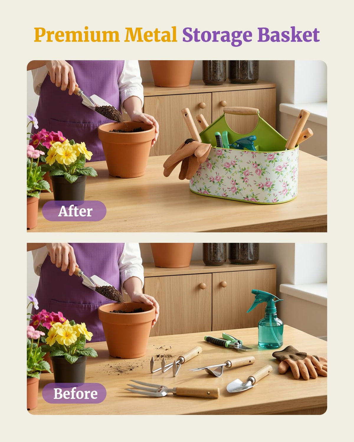 Floraxa hand rake and cultivator neatly organized for efficient gardening work.