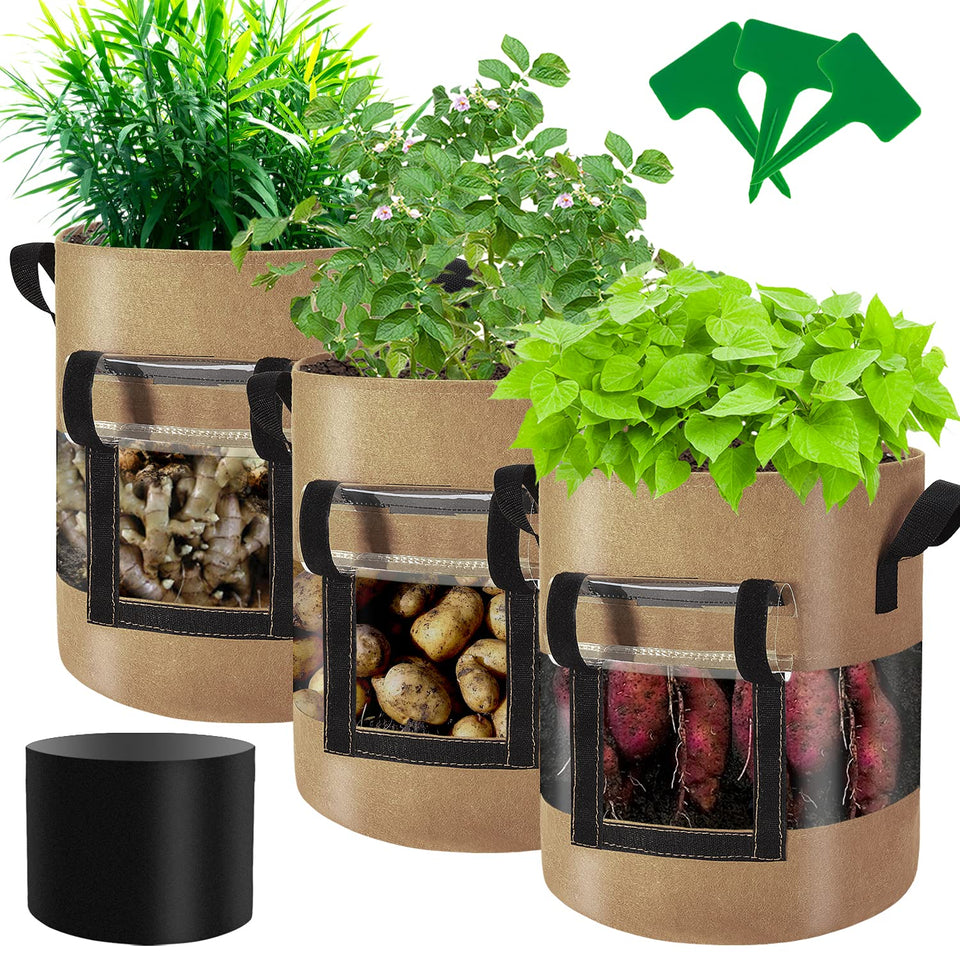 Florelf visible 7-gallon grow bag with flap window for easy root monitoring.