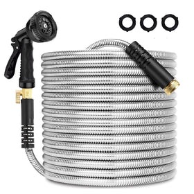 Flotstiga 25 ft stainless steel hose ready for durable outdoor watering.