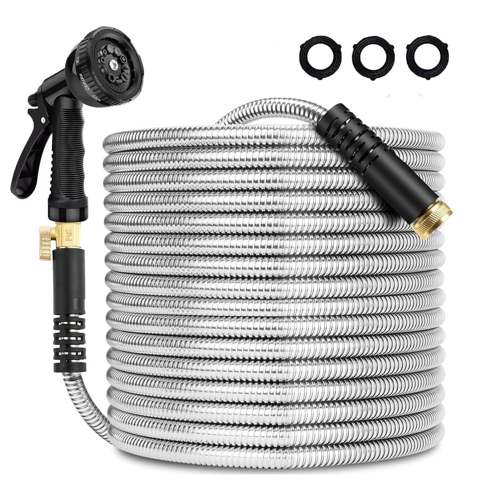 Flotstiga 25 ft stainless steel hose ready for durable outdoor watering.