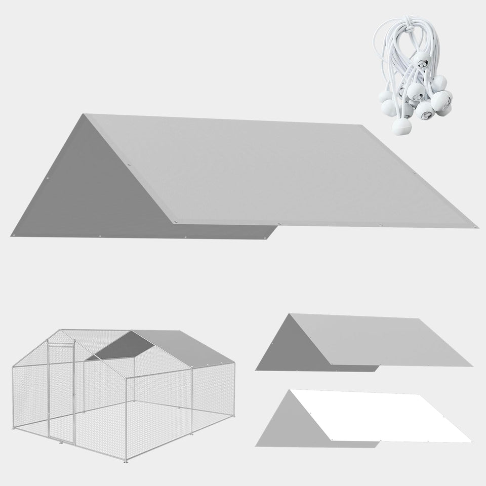 FLOUREE chicken coop cover roof tarp shielding poultry from rain and sun in grey.