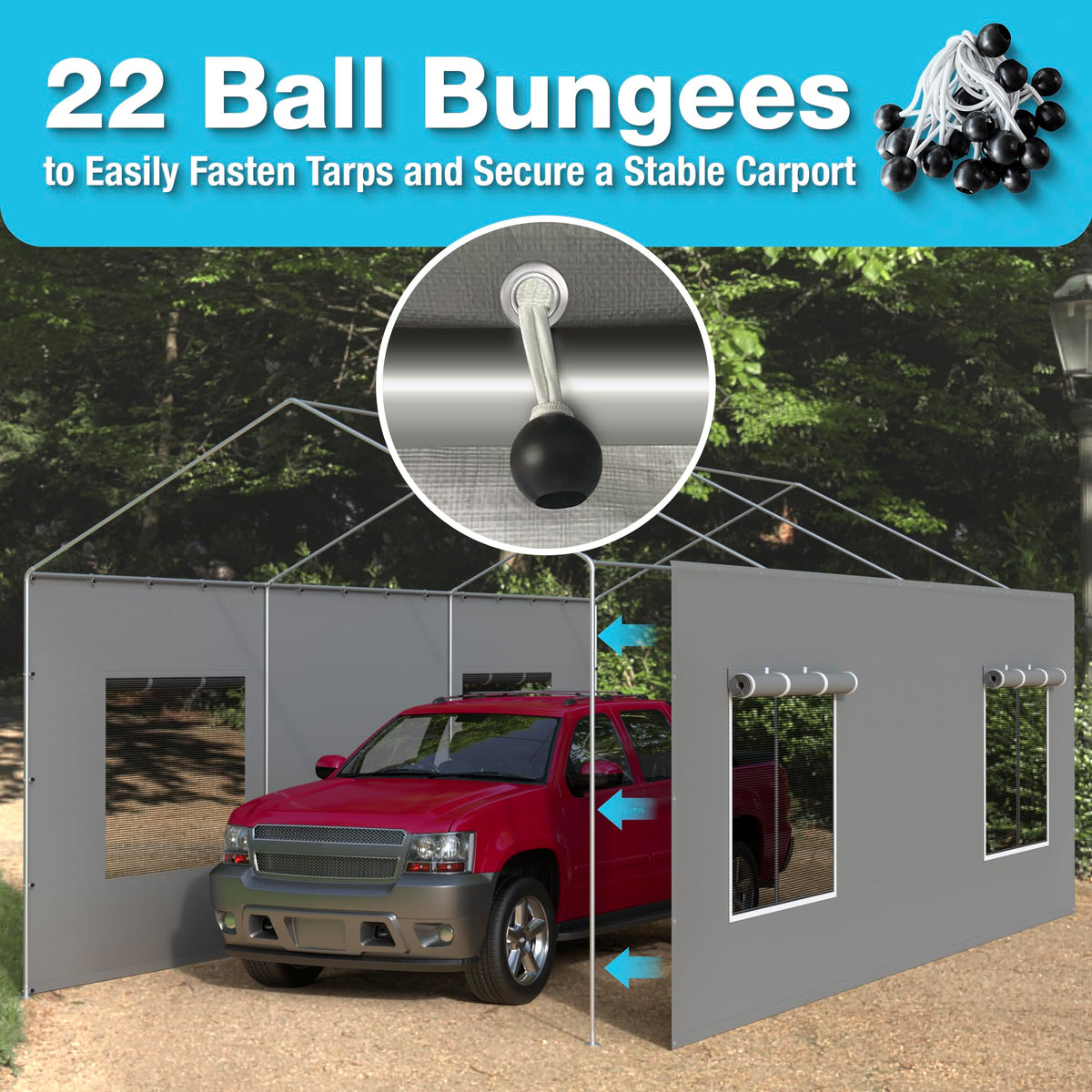 FLOUREE easy-assembly sidewall with ball bungees for quick setup.