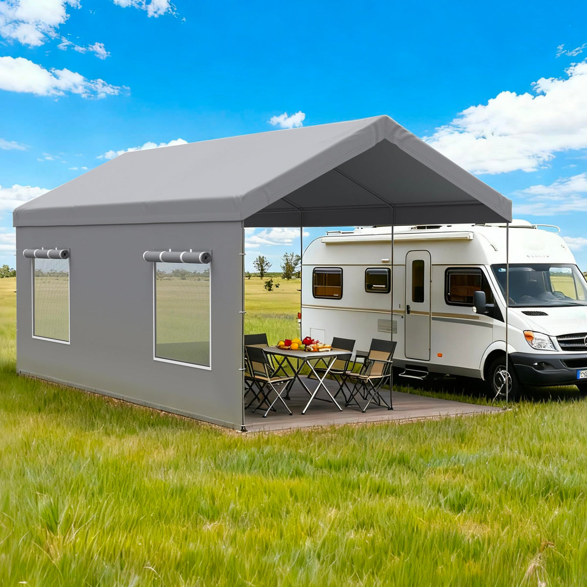 FLOUREE sidewalls help protect vehicles and gear from rain and sun while adding privacy.