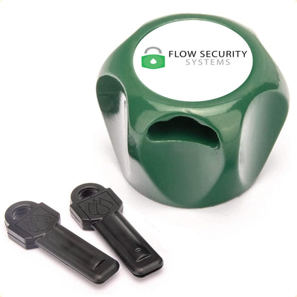 Flow Faucet Lock II with magnetic key secures outdoor taps against unauthorized use.
