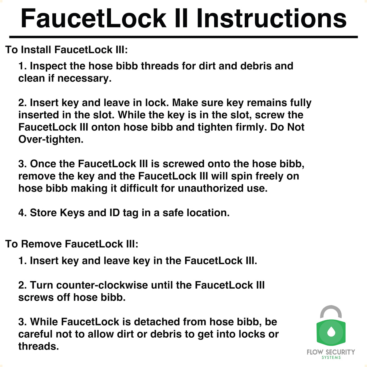 Flow Faucet Lock II packaging shows FSS 500 components for quick setup.