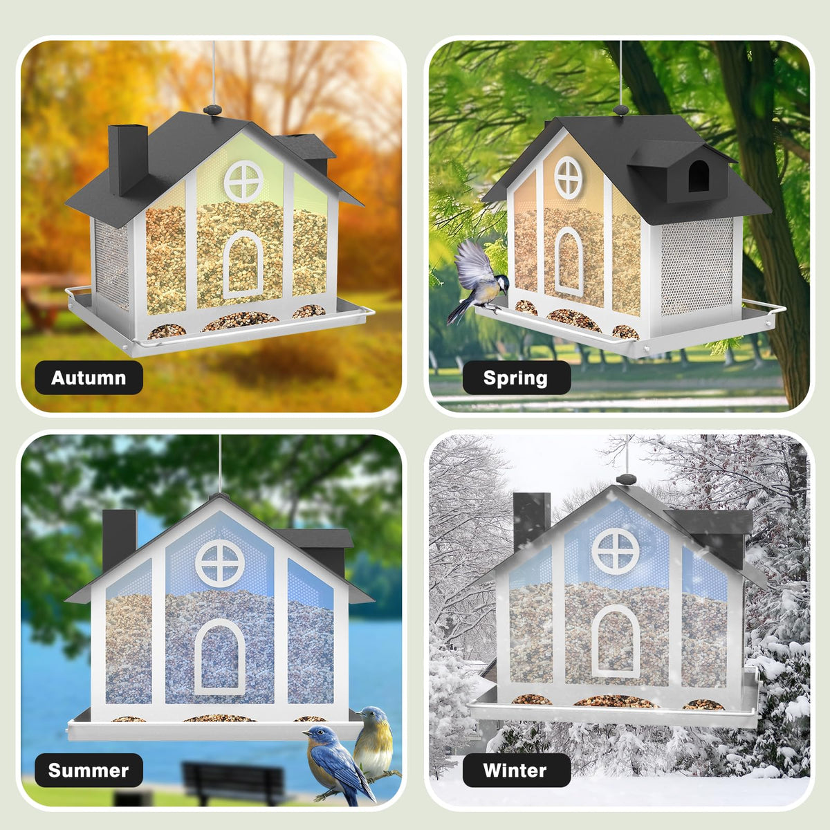 FlowaFoli Bird Feeder House 5-lb seed capacity visible through clear panels