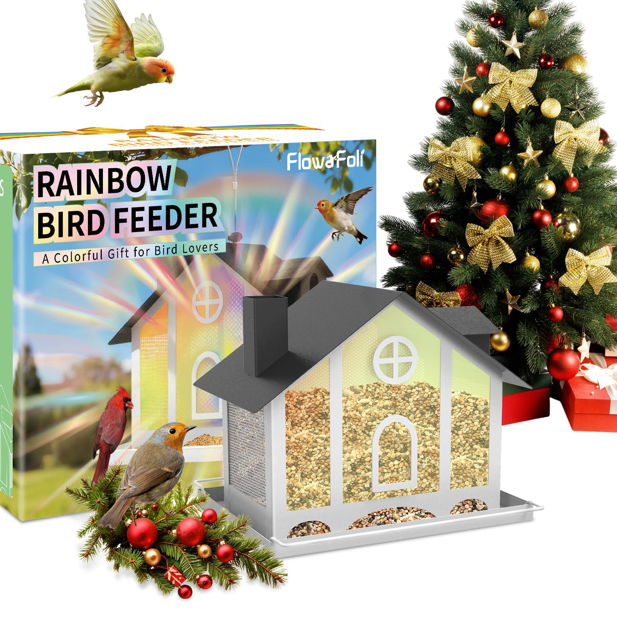 FlowaFoli Bird Feeder House with rainbow panels attracts varied birds year-round