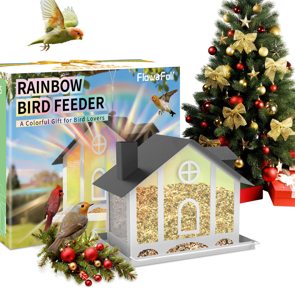 FlowaFoli Bird Feeder House with rainbow panels attracts varied birds year-round
