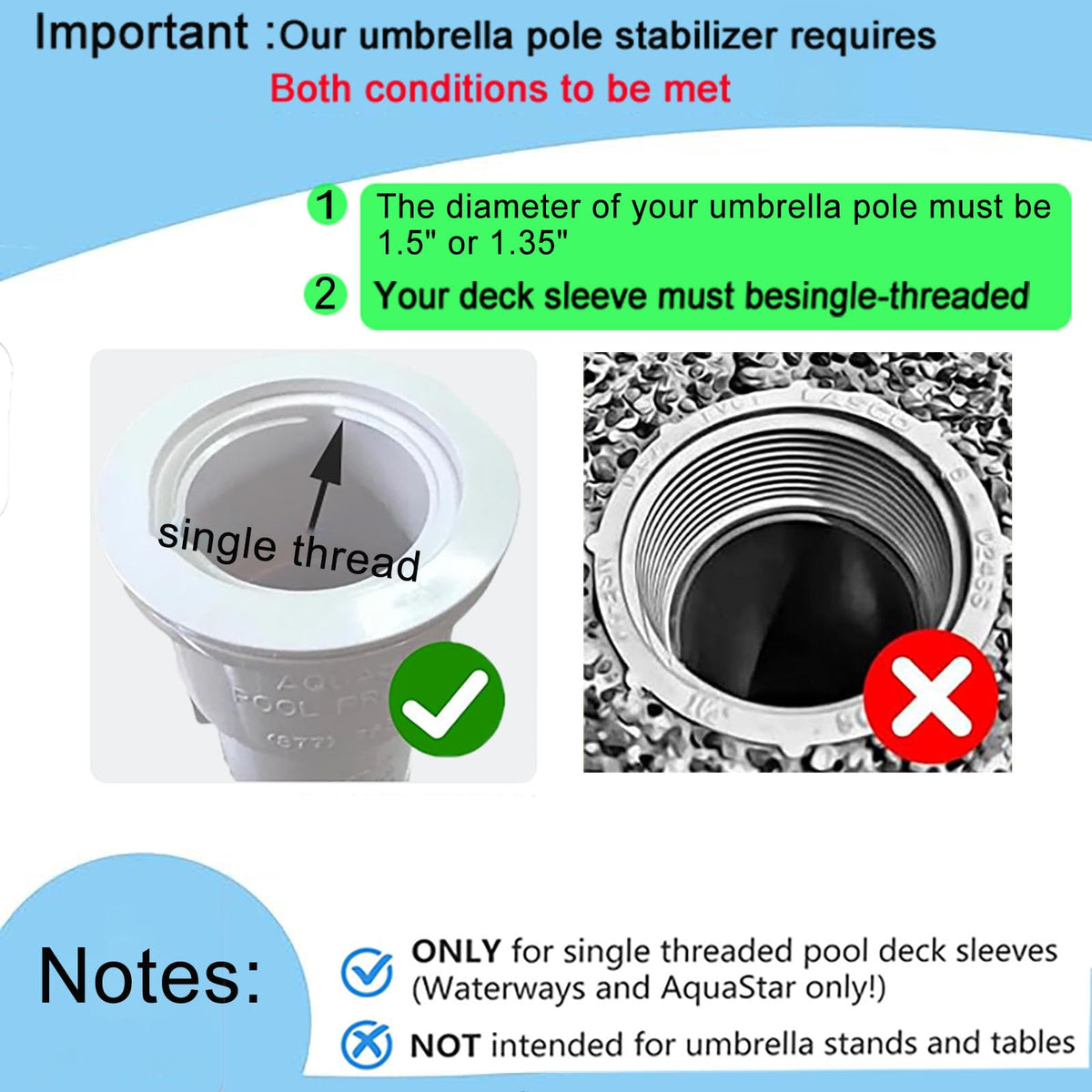 FLOWERTEEN stabilizer showing single-threaded compatibility with pool deck sleeves