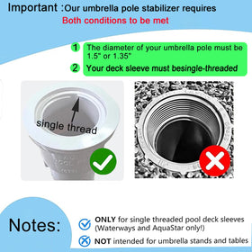 FLOWERTEEN stabilizer showing single-threaded compatibility with pool deck sleeves