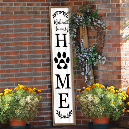 Flowtorely welcome sign on porch wood frame with dog paw motif, inviting guests