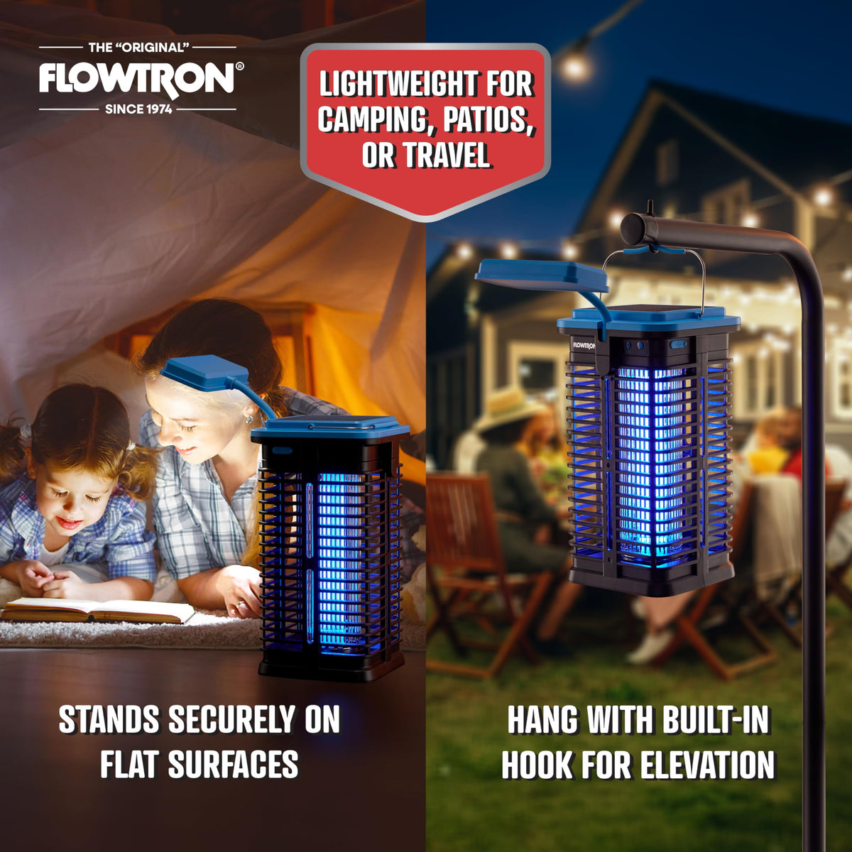 Flowtron unit illustrating 530 sq ft coverage for patio or yard