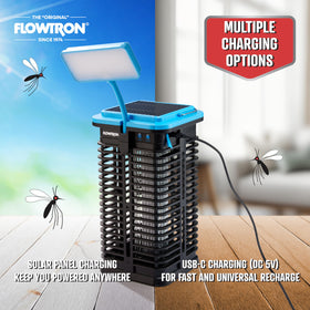 Flowtron device displaying solar charging and USB-C backup ports