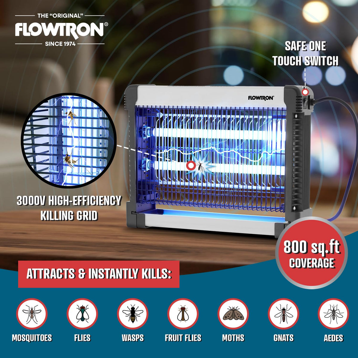 Flowtron hanging kit allows secure installation 6–8 feet high.