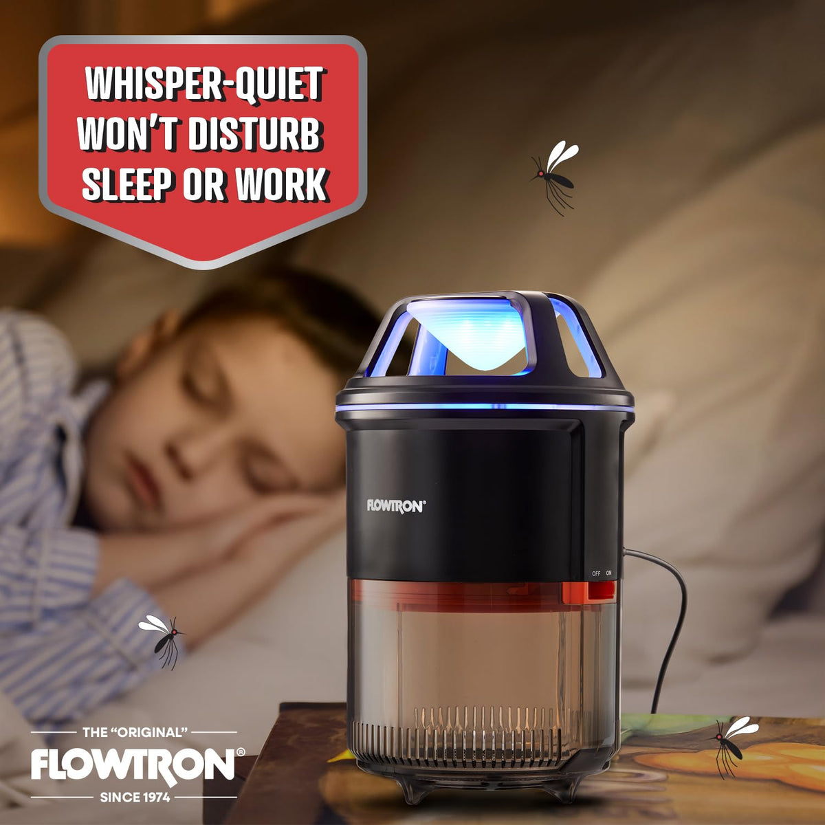 Flowtron bedroom-use shot illustrating quiet, unobtrusive pest control.