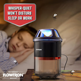 Flowtron bedroom-use shot illustrating quiet, unobtrusive pest control.