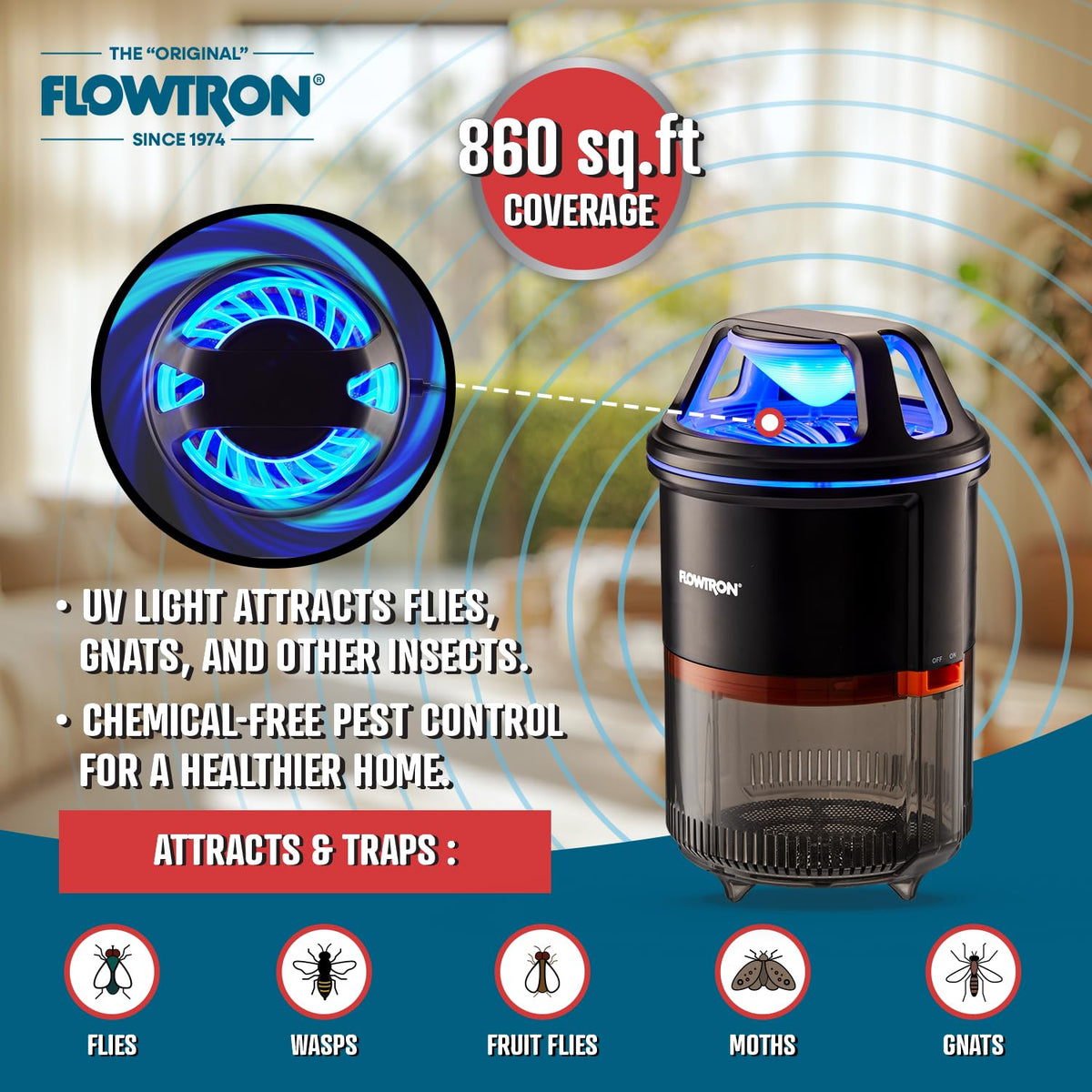 Flowtron bug trap fan detail highlighting silent operation for bedrooms.