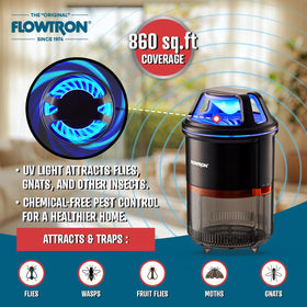 Flowtron bug trap fan detail highlighting silent operation for bedrooms.