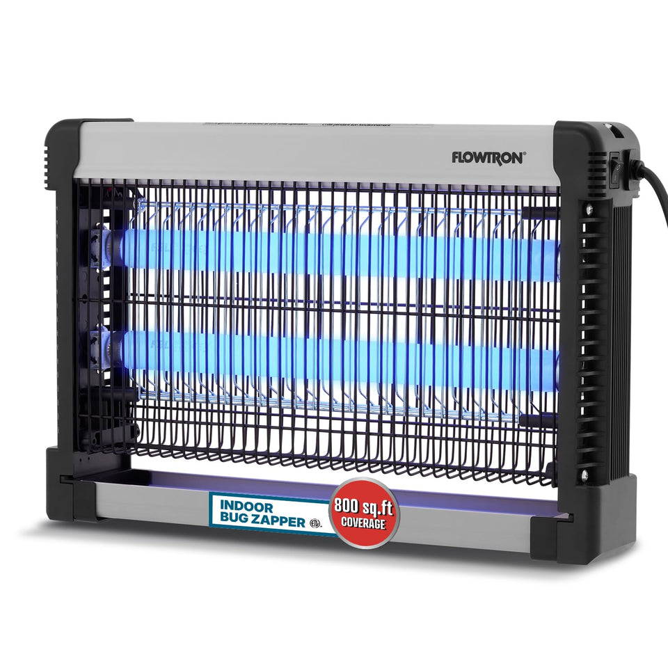 Flowtron bug zapper grid close-up showing 3000V elimination.