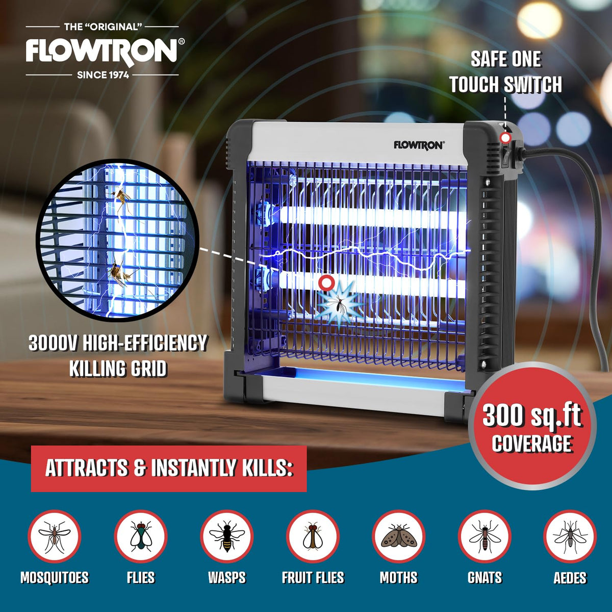 Flowtron coverage image showcases effective use up to 300 sq ft indoors