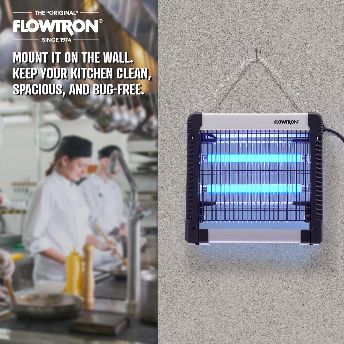 Flowtron easy-cleanup image with tray and brush demonstrates quick waste removal