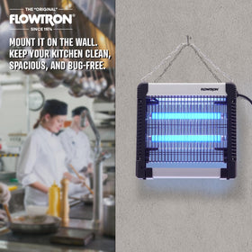 Flowtron easy-cleanup image with tray and brush demonstrates quick waste removal