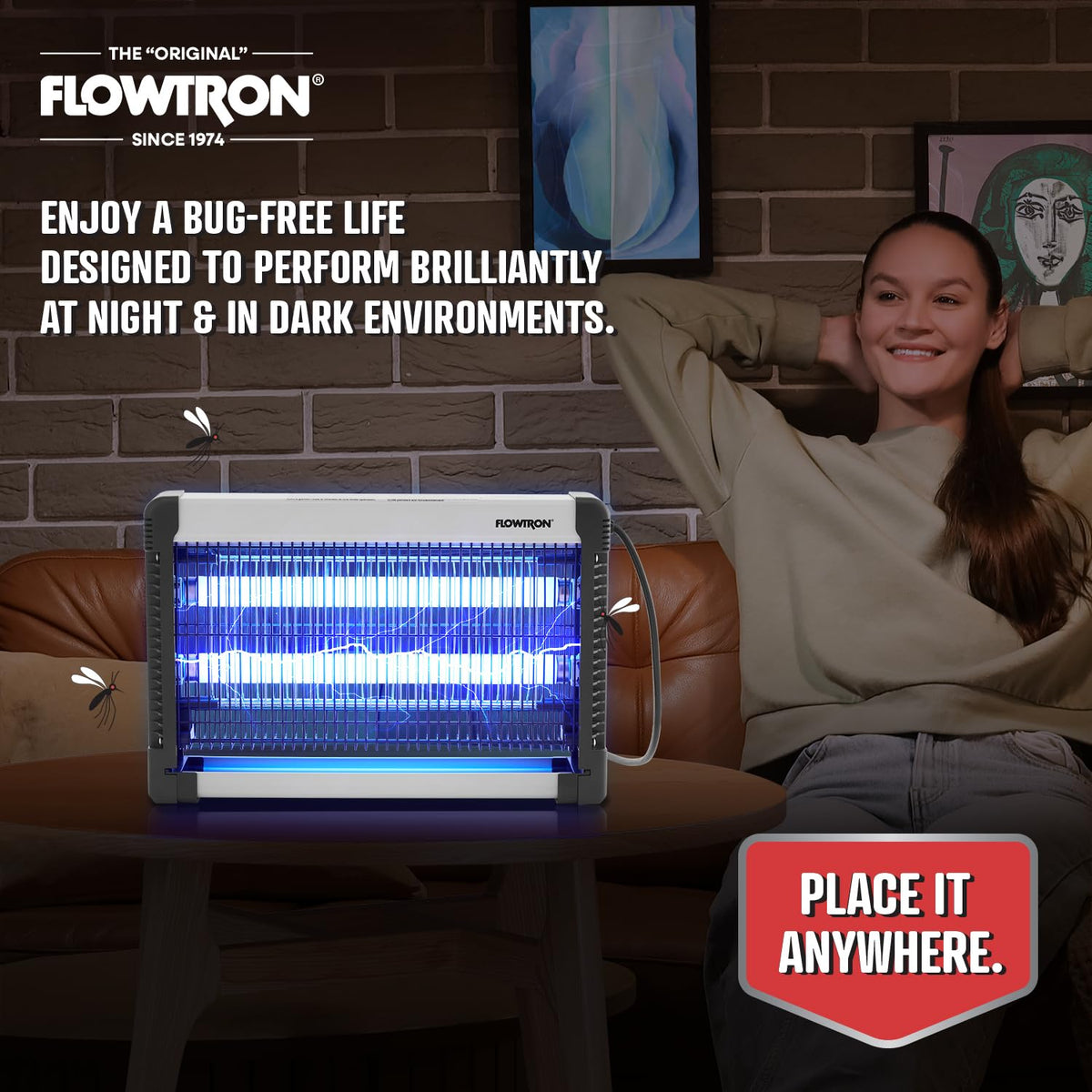 Flowtron on/off switch and grounded plug ensure safe operation.