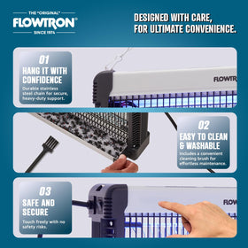 Flowtron removable collection tray enables quick, clean debris removal.