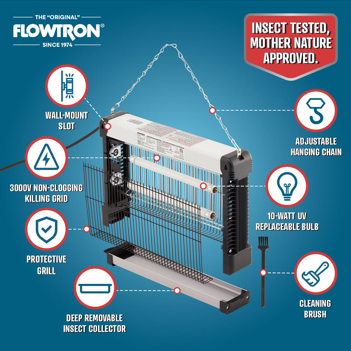 Flowtron UV bulbs attract pests across 800 sq ft for efficient control.