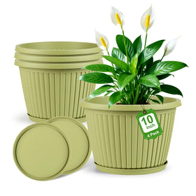 Flowyypo 10-inch ribbed gray planter with drainage promotes clean, mess-free watering.