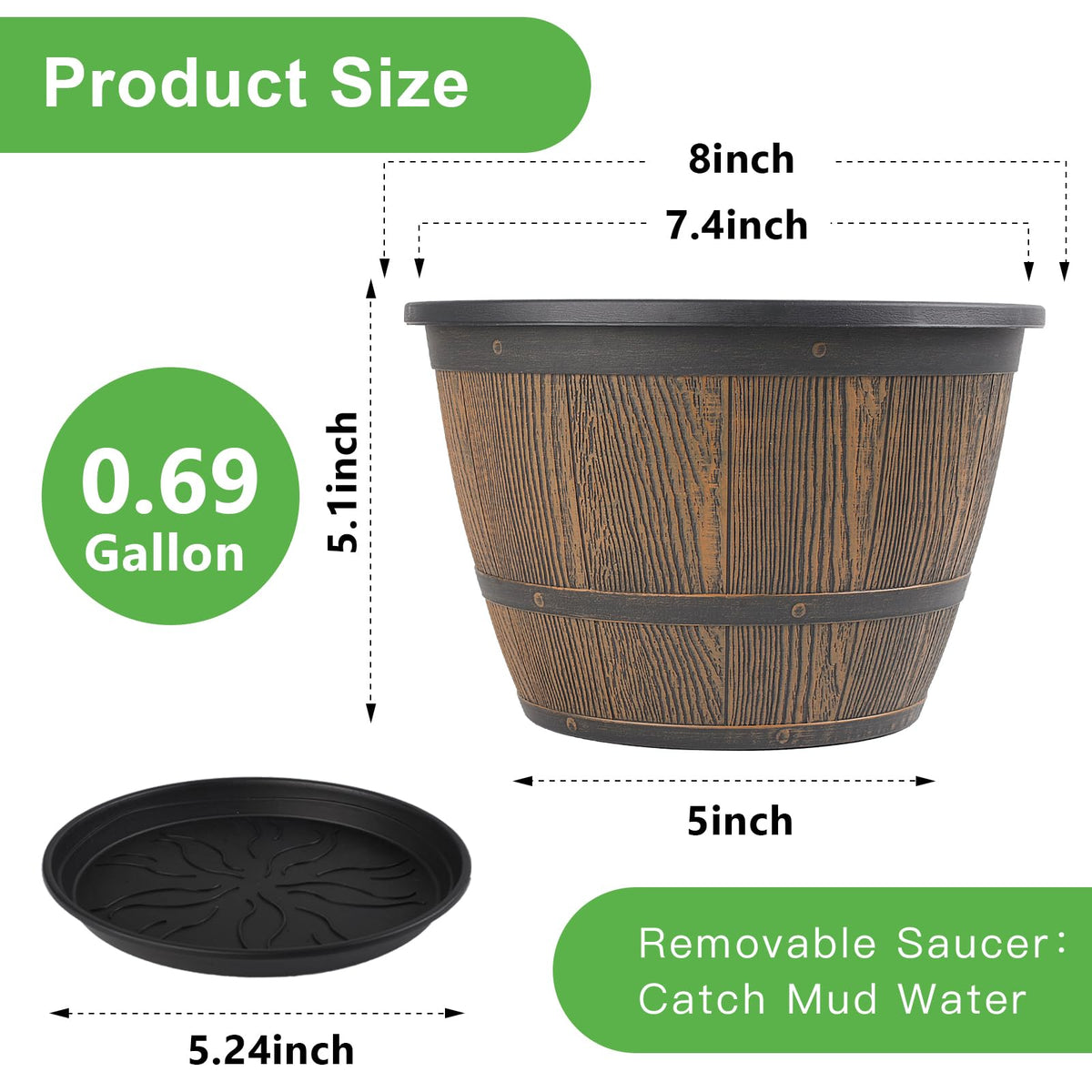 Flowyypo 8-inch pot rustic imitation barrel design elevates decor.