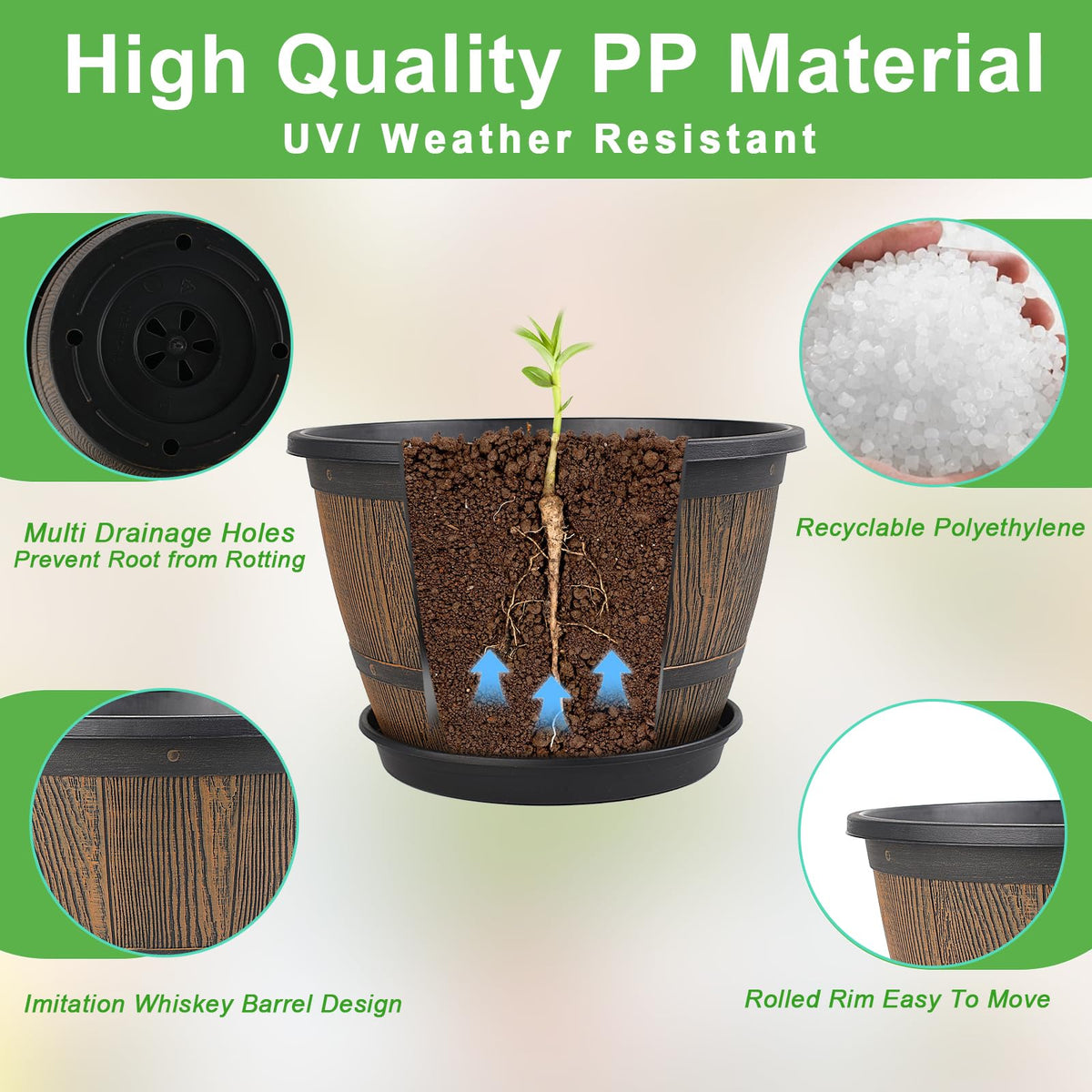 Flowyypo 8-inch pot weather-resistant plastic withstands sun and cold.