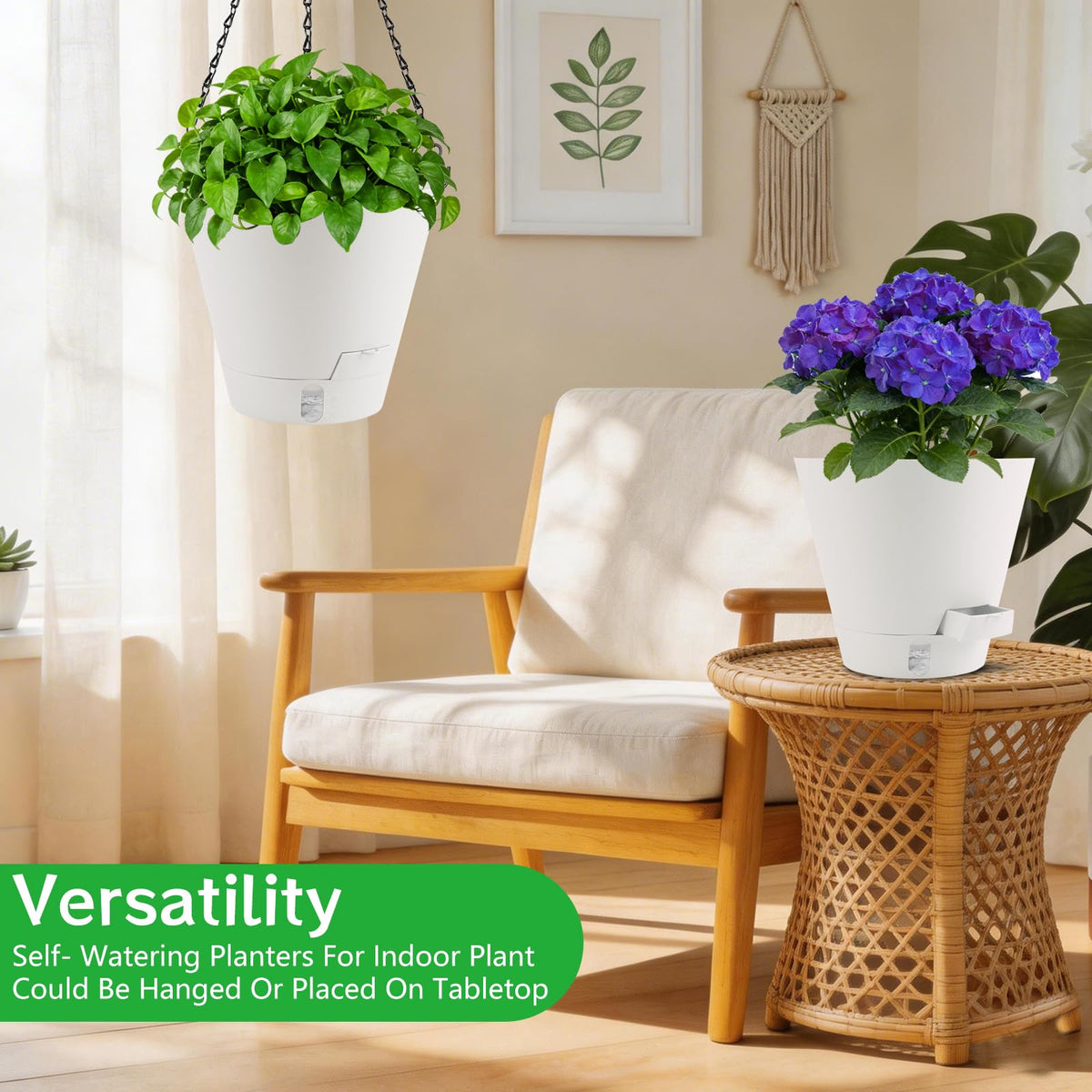 Flowyypo self-watering planter with cotton rope for steady moisture delivery.
