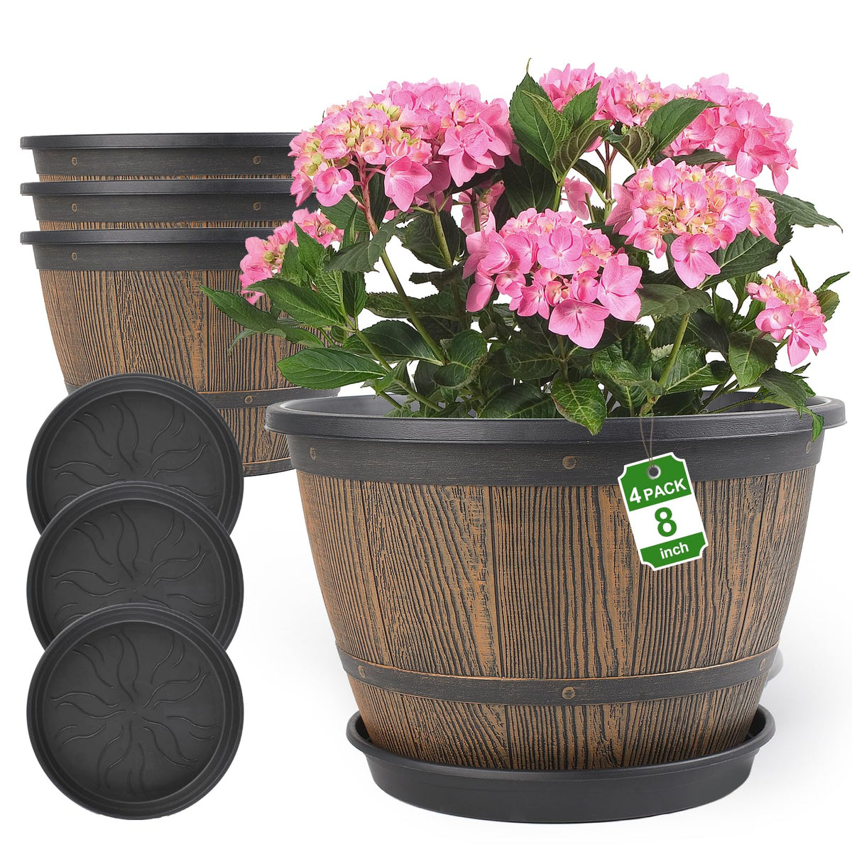 Flowyypo whiskey barrel 8-inch pot front view, rustic decor for indoor or outdoor spaces.