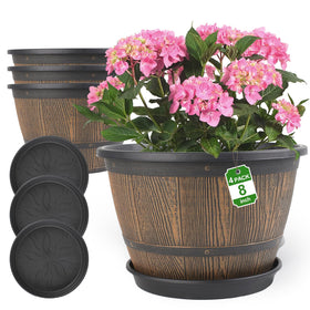 Flowyypo whiskey barrel 8-inch pot front view, rustic decor for indoor or outdoor spaces.