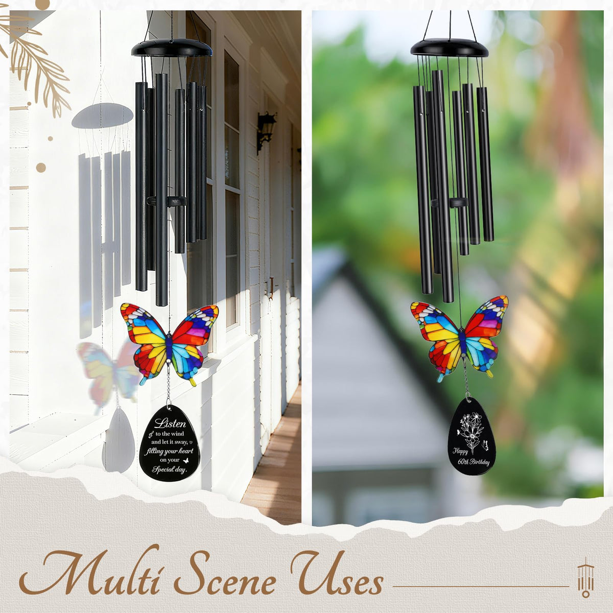 Flpoxzd wind chime outdoors evokes gentle melody in breeze.