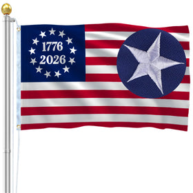 FLUUZE 250th anniversary flag embroidery detail highlights rich stitching for festive decor.