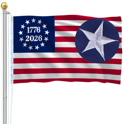 FLUUZE 250th anniversary flag embroidery detail highlights rich stitching for festive decor.