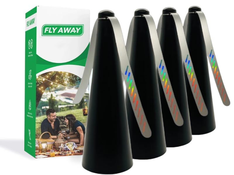 Fly Away 4-pack on a table deters flies for outdoor dining.