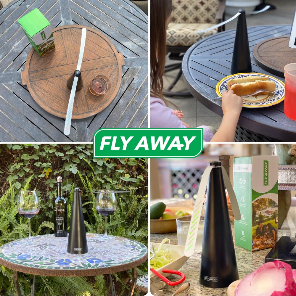 Fly Away battery-powered outdoor fan provides portable pest control.
