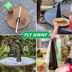 Fly Away battery-powered outdoor fan provides portable pest control.