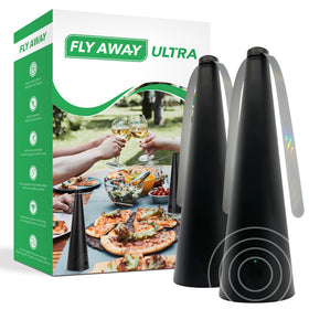 Fly Away Ultra 2-pack on a patio table for portable outdoor pest deterrence.