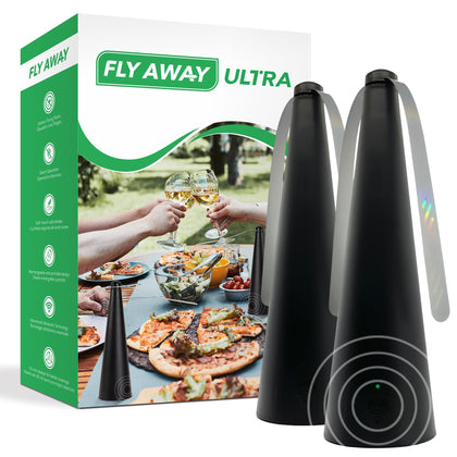 Fly Away Ultra 2-pack on a patio table for portable outdoor pest deterrence.