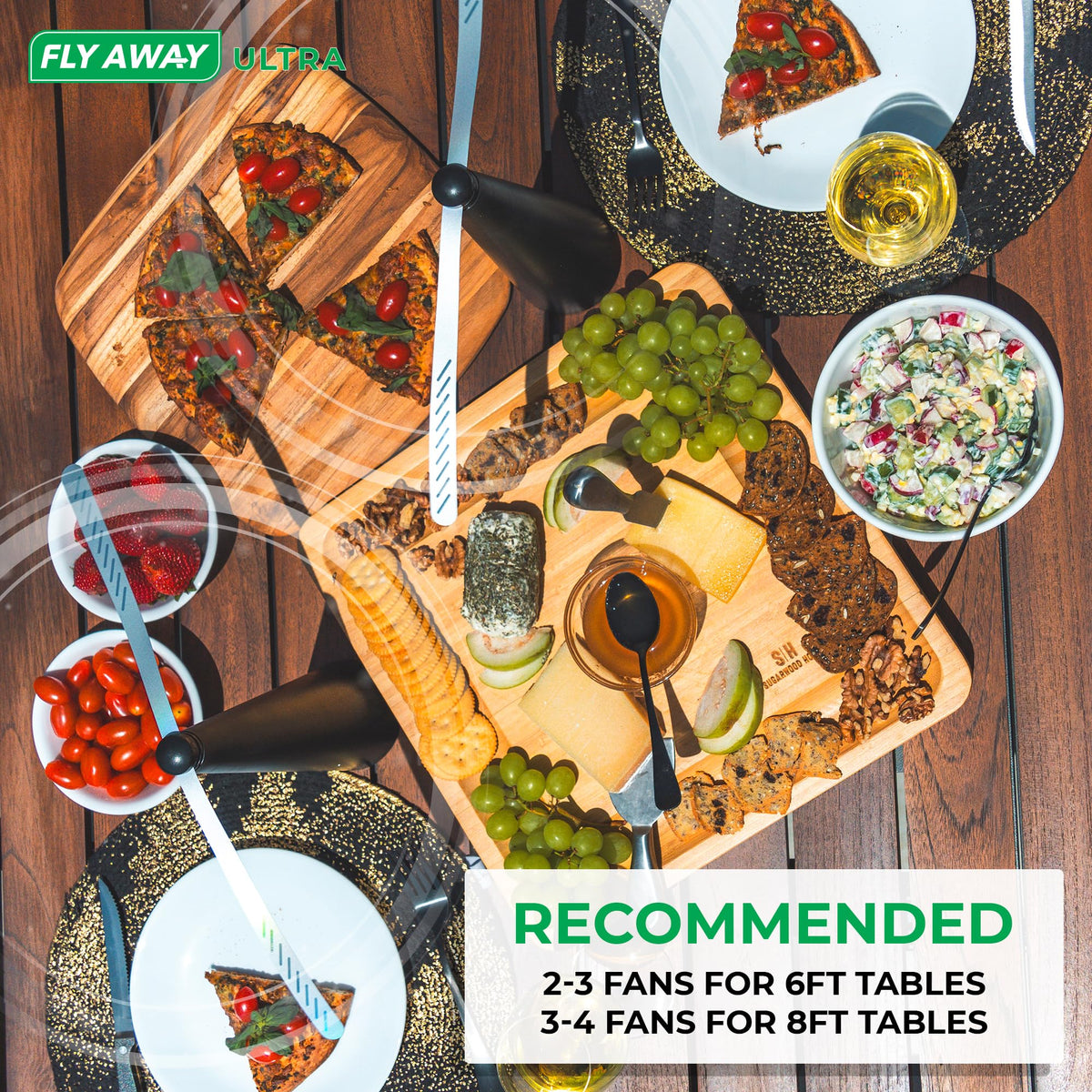 Fly Away Ultra on a table during a BBQ highlighting eco-friendly deterrence.