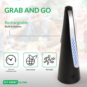 Fly Away Ultra with ultrasound speaker deters flies while quietly operating.