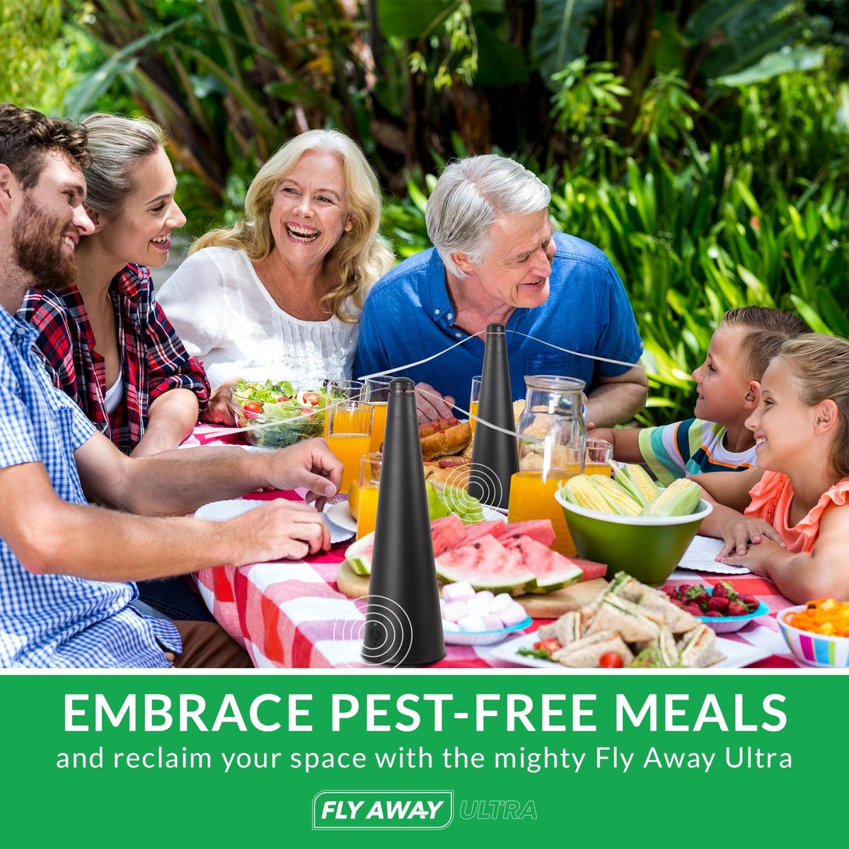 Fly Away Ultra whisper-quiet operation during outdoor dining.