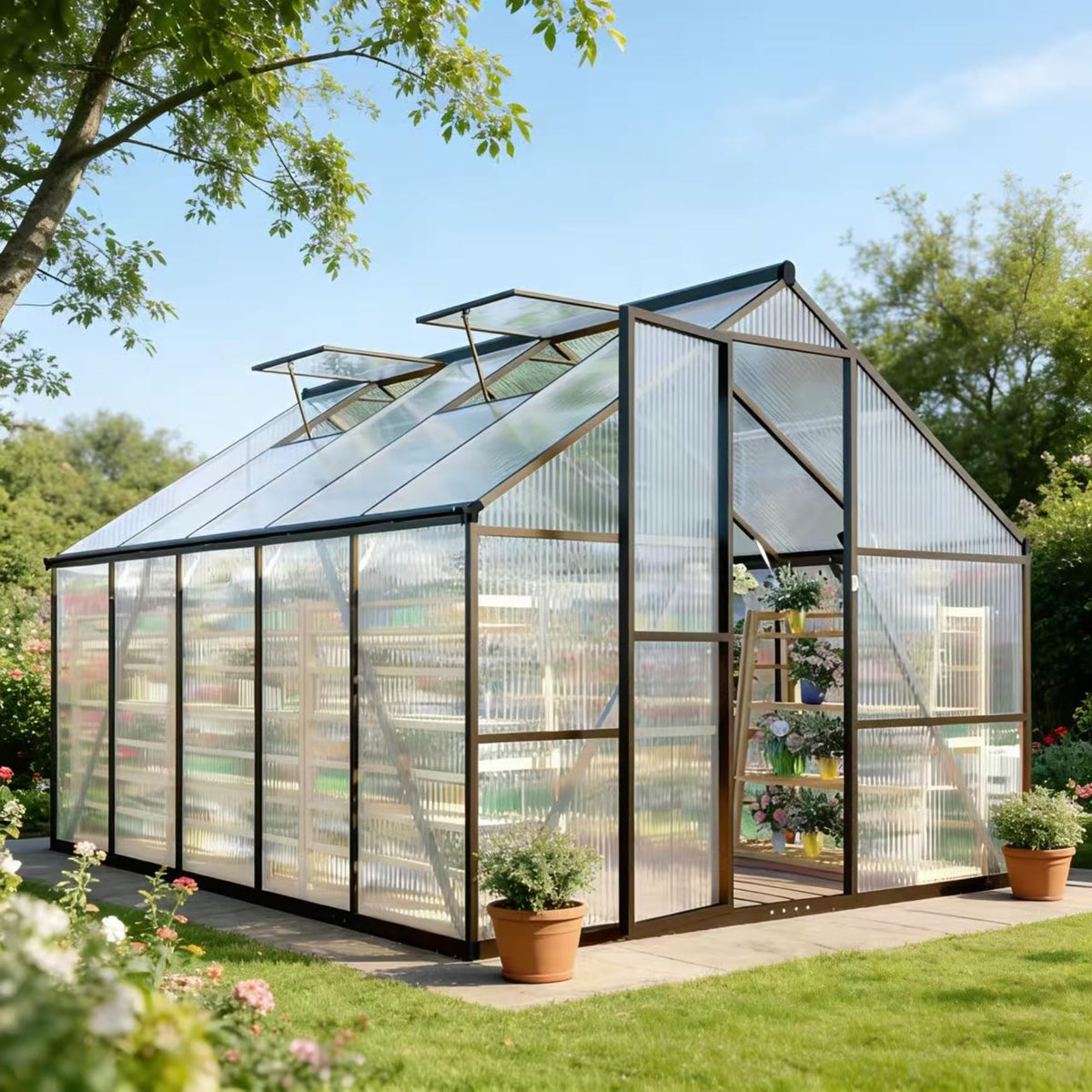 Fly By Yan 8x10ft greenhouse exterior in charcoal black for year-round gardening.